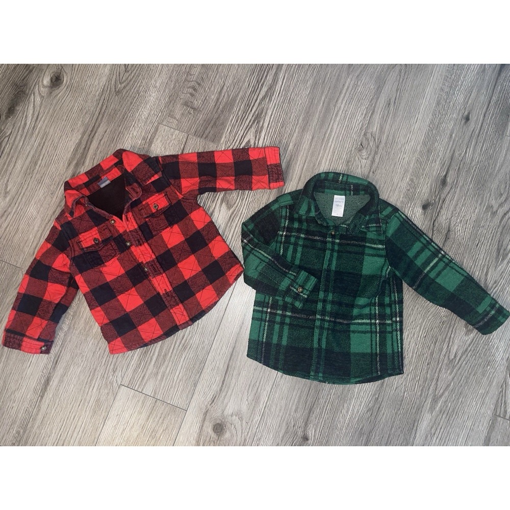 Carters Baby Boys Flannel Button Up Shirts Size 18 Months Bundle Of 2 Red /Green